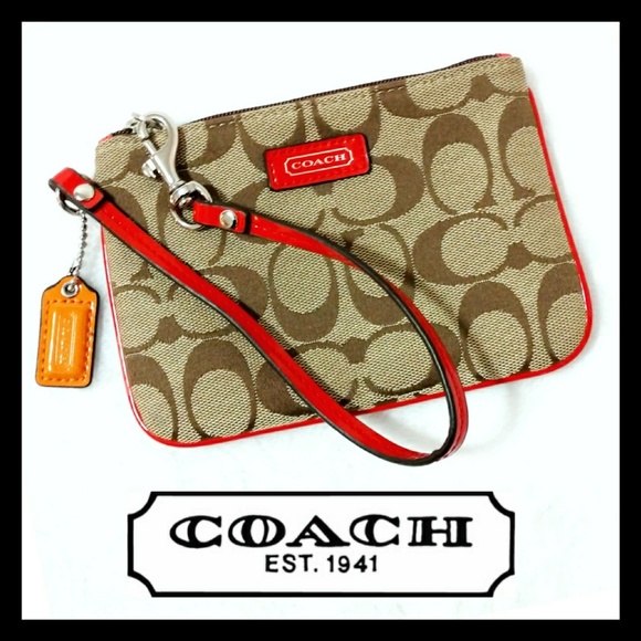 Coach Handbags - Coach Signature Red Lined Corner Zip Wristlet